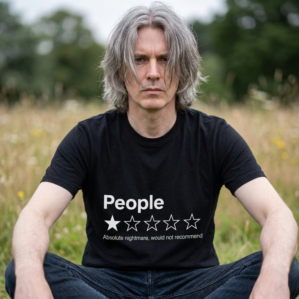 Man wearing the People one star rating black tee in a field