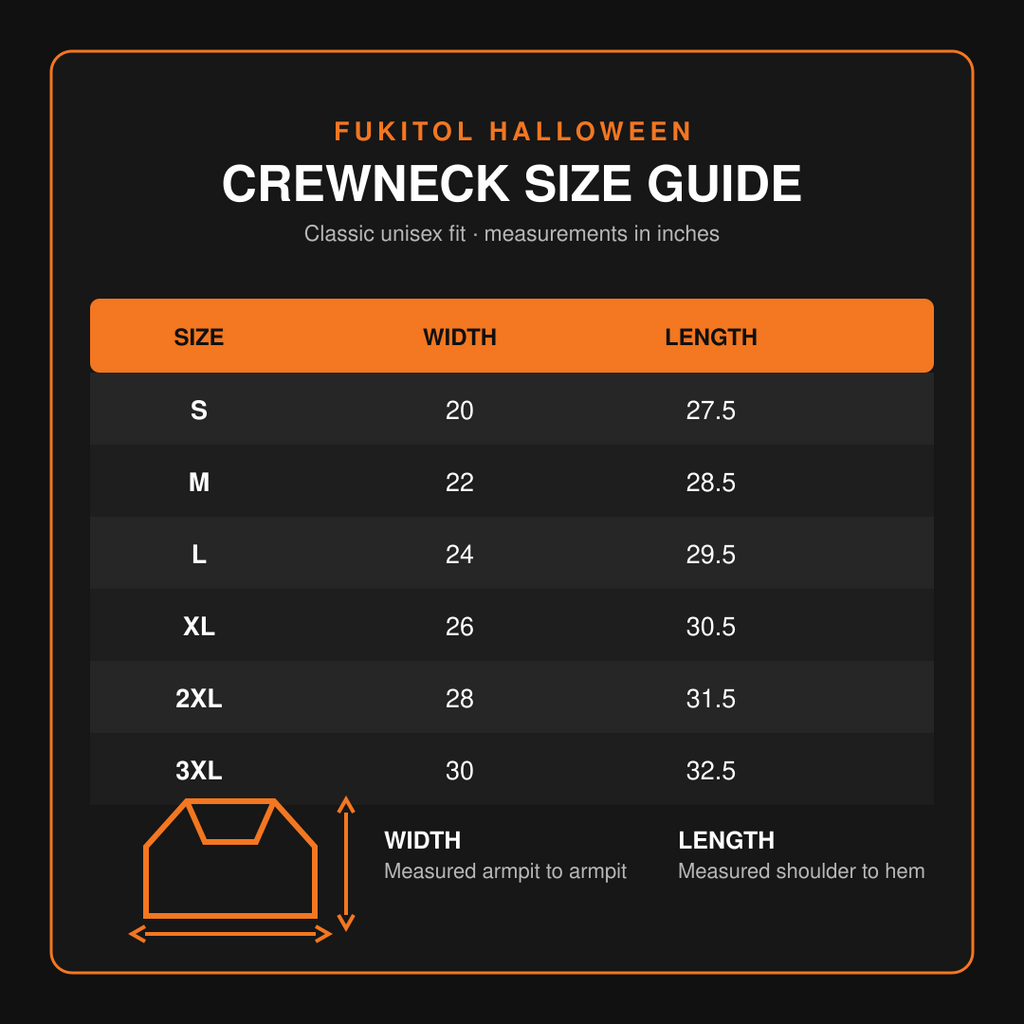 Fukitol Halloween crewneck sweatshirt size guide in inches