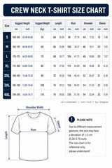 Crew neck t-shirt size chart with height, weight, length and bust measurements